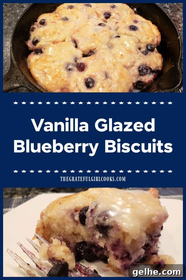 Vanilla Glazed Blueberry Biscuits are buttery, filled with blueberries, topped with sweet glaze, and take 15 minutes prep. They're DELICIOUS!