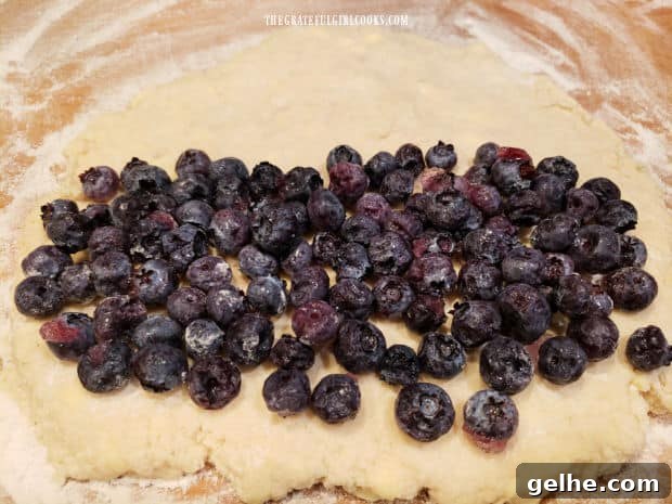 Frozen blueberries are added to half of the biscuit dough.