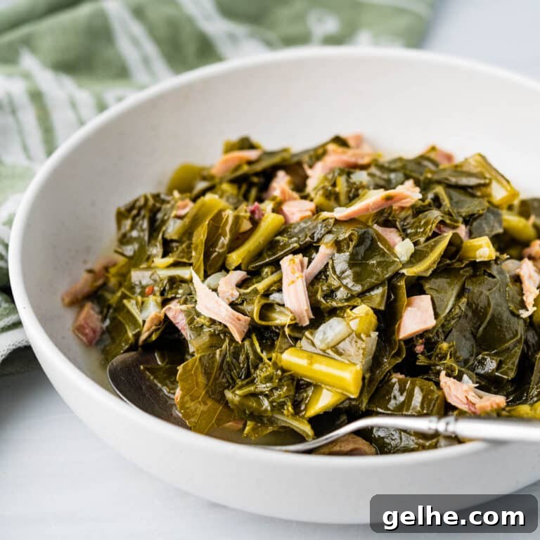 Lucky greens with smoked turkey meat in a serving dish.