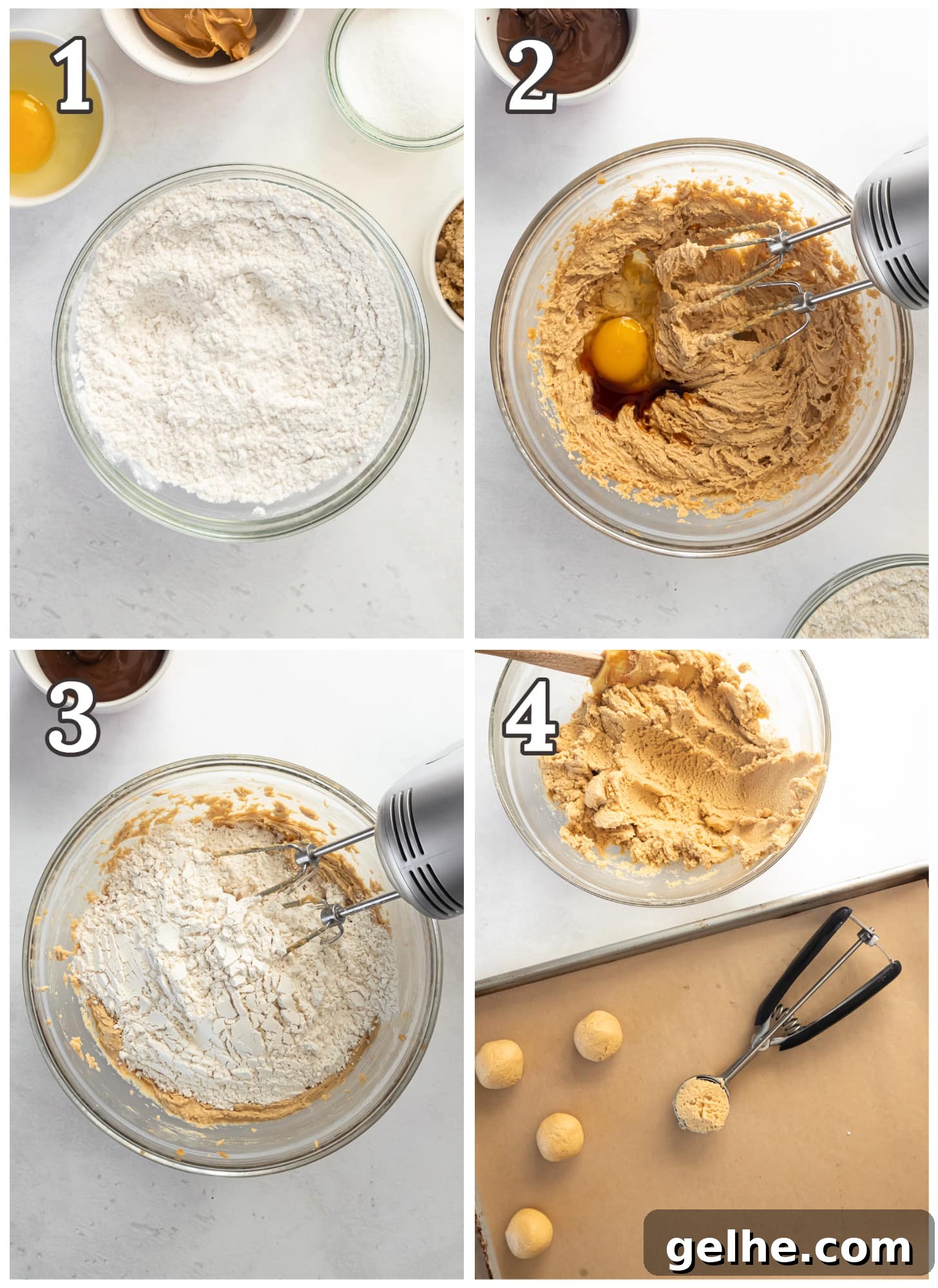 photo collage demonstrating how to make peanut butter cookie dough in a mixing bowl.