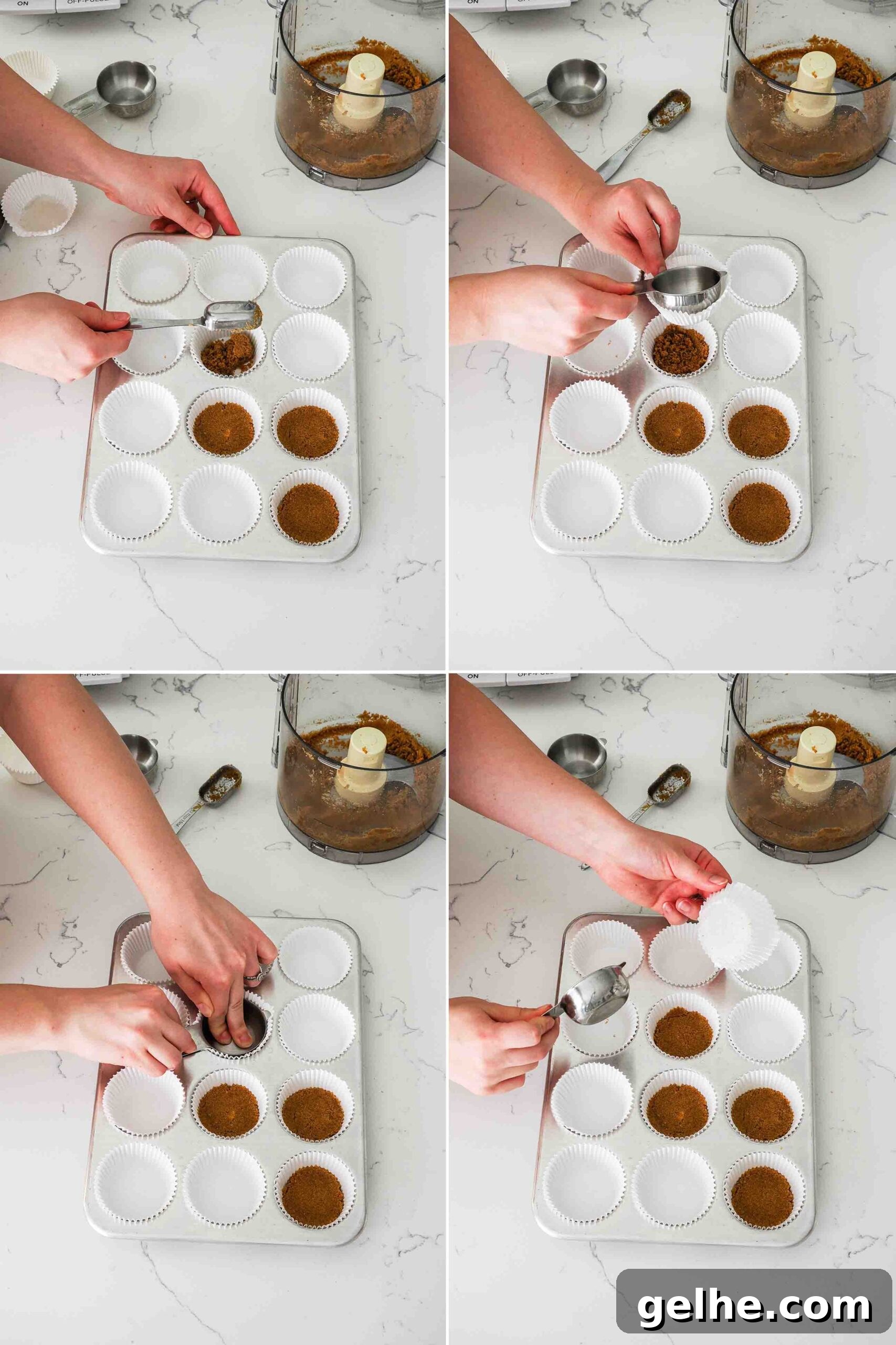 Mini Pumpkin Cheesecake Bites: Creamy Fall Dessert Recipe 6 A graphic of four images showing how to use a paper liner and measuring cup to press down graham cracker crusts.
