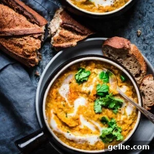 Indian-spiced red lentil sweet potato soup with bread