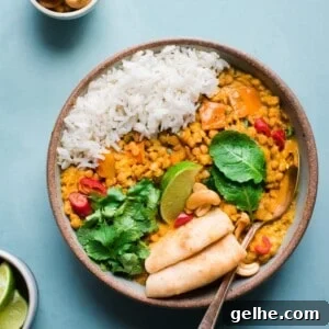 butternut squash lentil curry with Indian spices, cilantro, lime, and rice