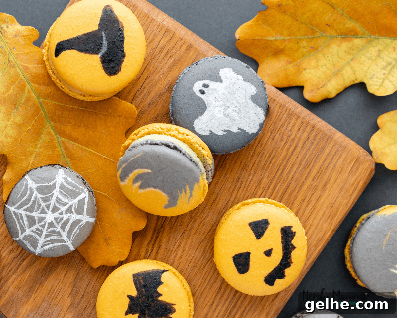 A wooden board with Halloween-themed macarons, including Jack-O-Lantern Macarons, spider webs, ghosts, and witch hats, surrounded by autumn leaves.