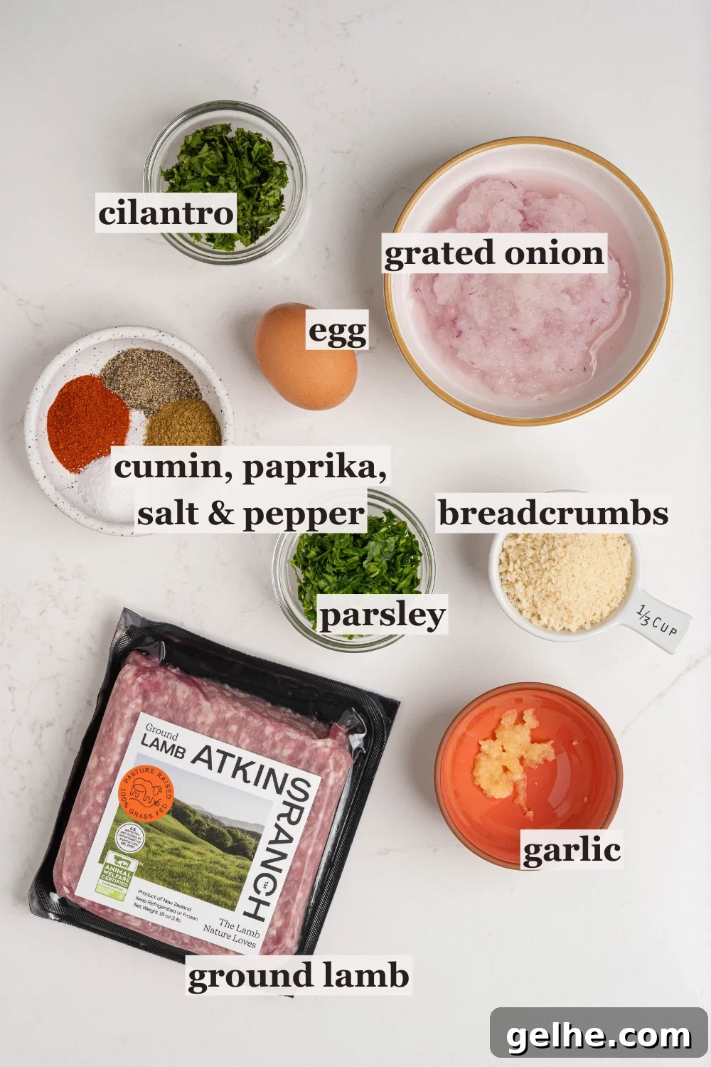 Bowls of onion, herbs, spices, and more.
