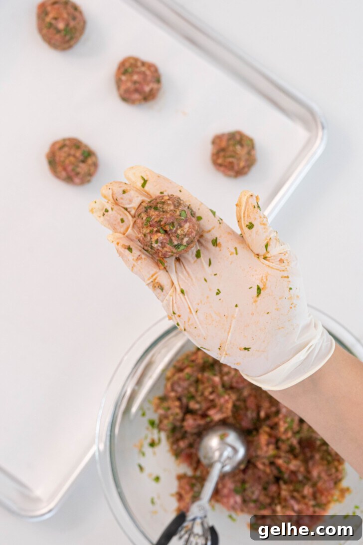 A gloved hand holding a raw lamb meatball.