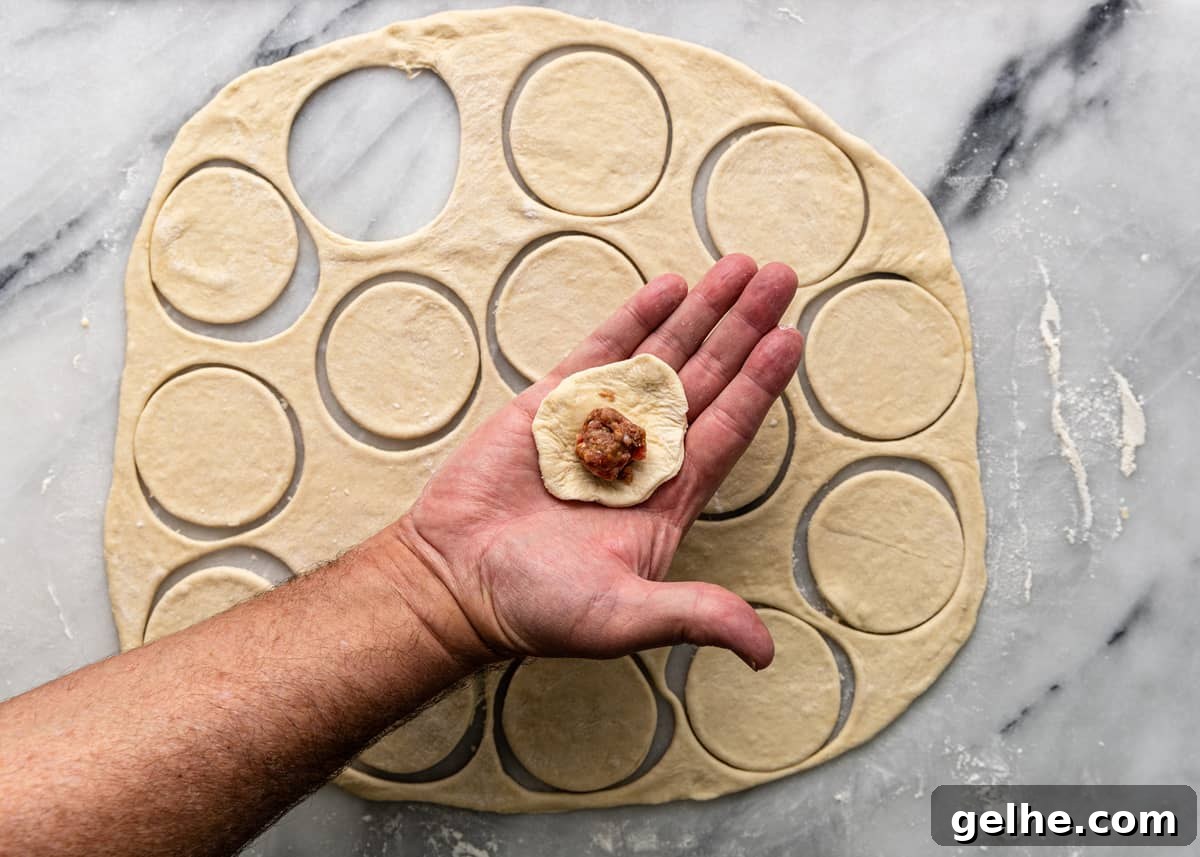 overhead: adding filling to dough