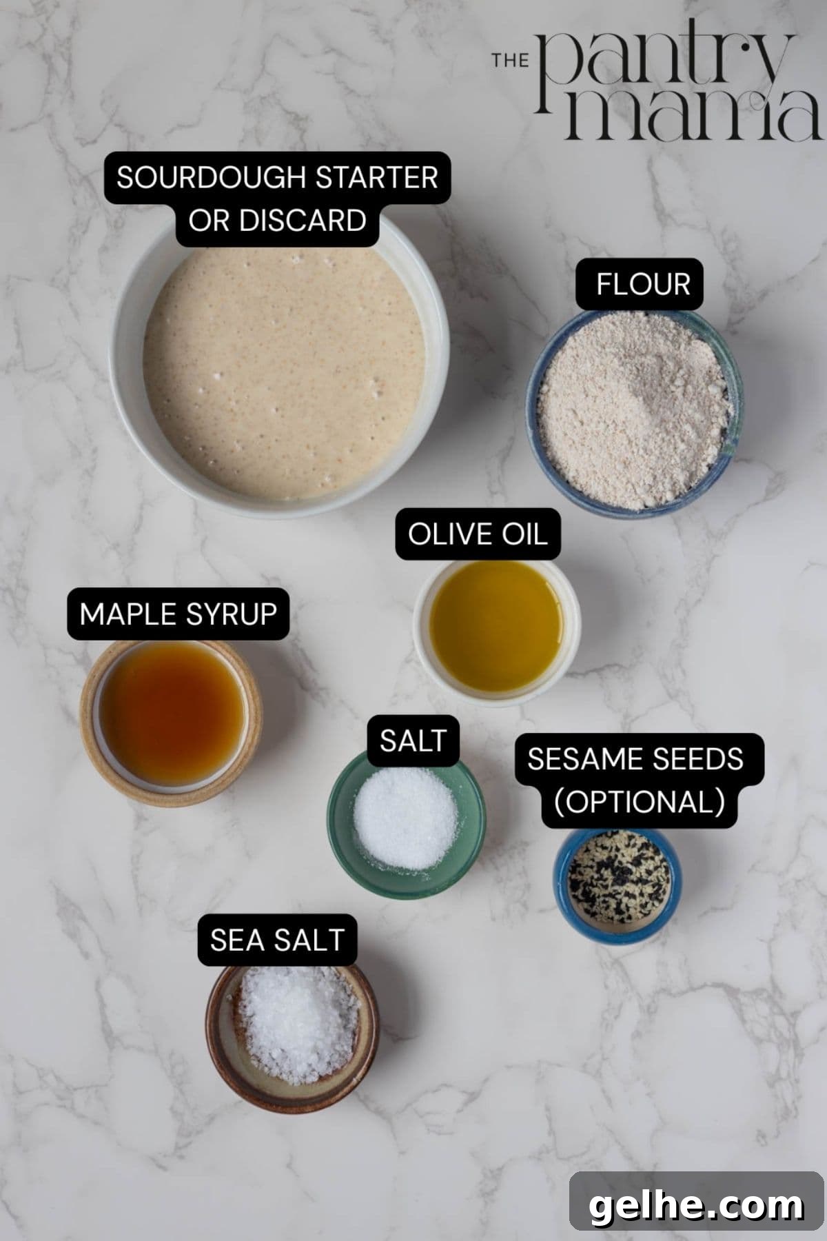 Crispy Sourdough Grissini Breadsticks for Snacking and Dipping 4 Flat lay of ingredients for crunchy sourdough breadsticks.