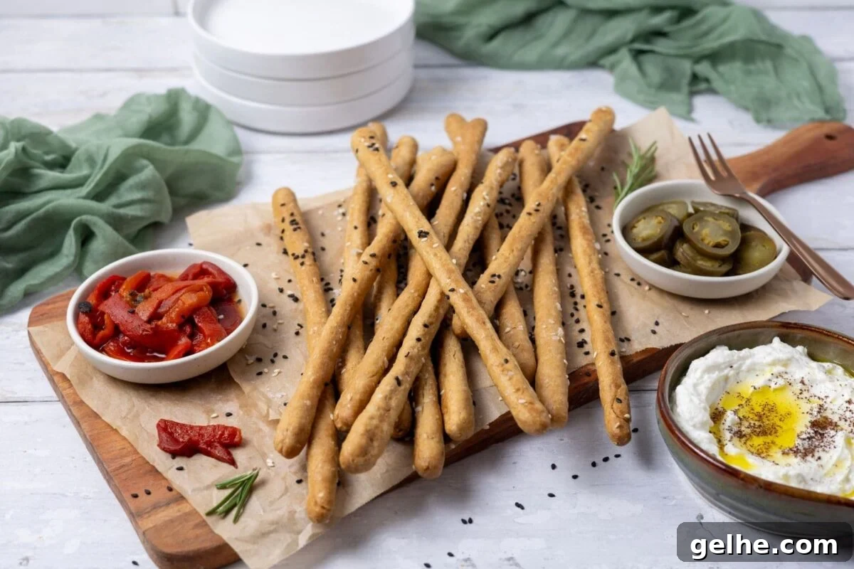 Crispy Sourdough Grissini Breadsticks for Snacking and Dipping 6 Horizontal image of crunchy sourdough breadsticks displayed on a rectangle serving board. There are some roasted red peppers and jalapenos on the board, as well as some whipped feta dip to the right. The board is garnished with fresh rosemary.