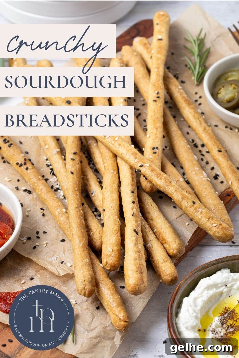 Crispy Sourdough Grissini Breadsticks for Snacking and Dipping 7 Crunchy sourdough breadsticks or sourdough grissini - Pinterest Image