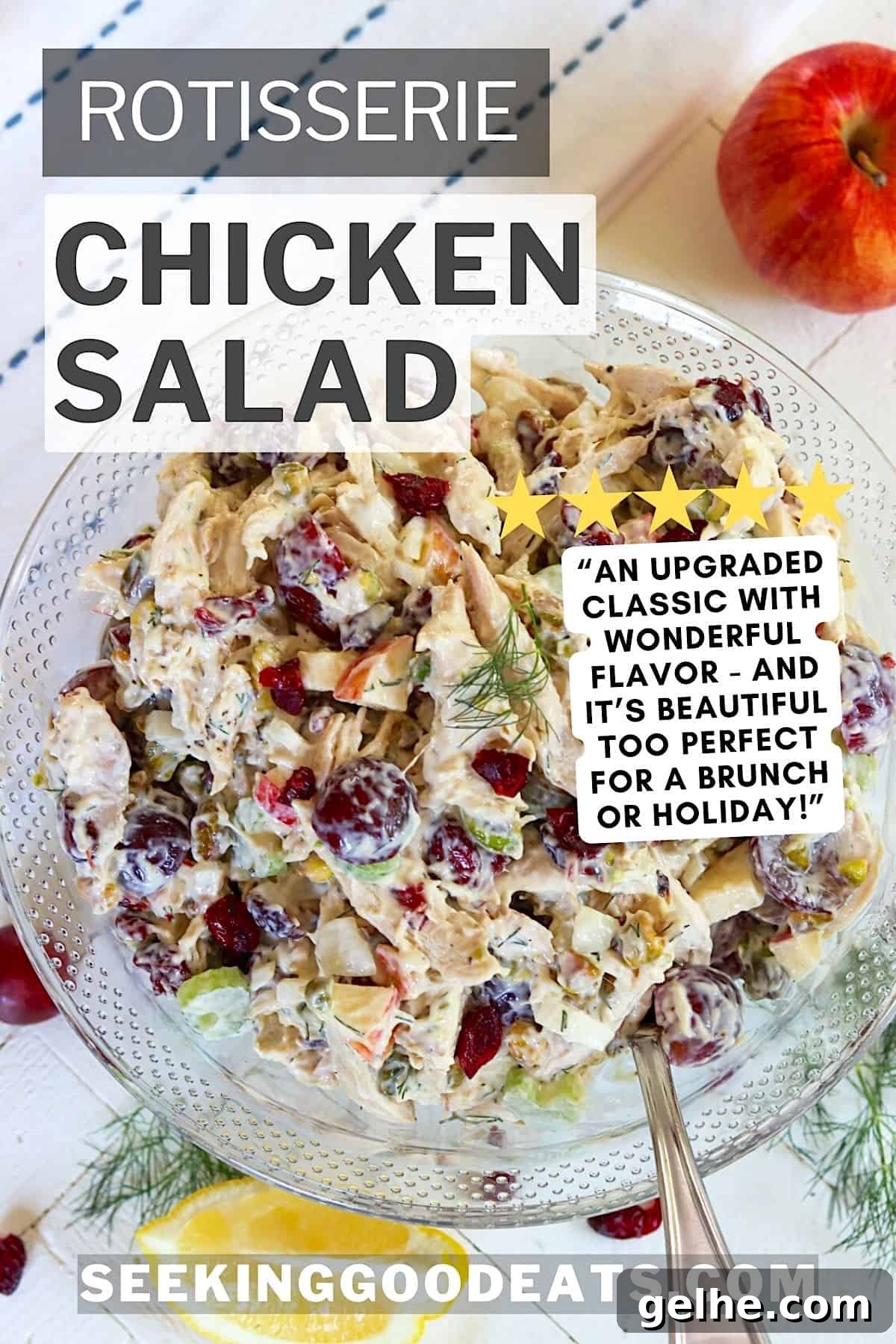 Rotisserie Chicken Salad Recipe for Quick Weeknight Meals 3 Rotisserie chicken salad in a clear glass serving bowl garnished with fresh dill.