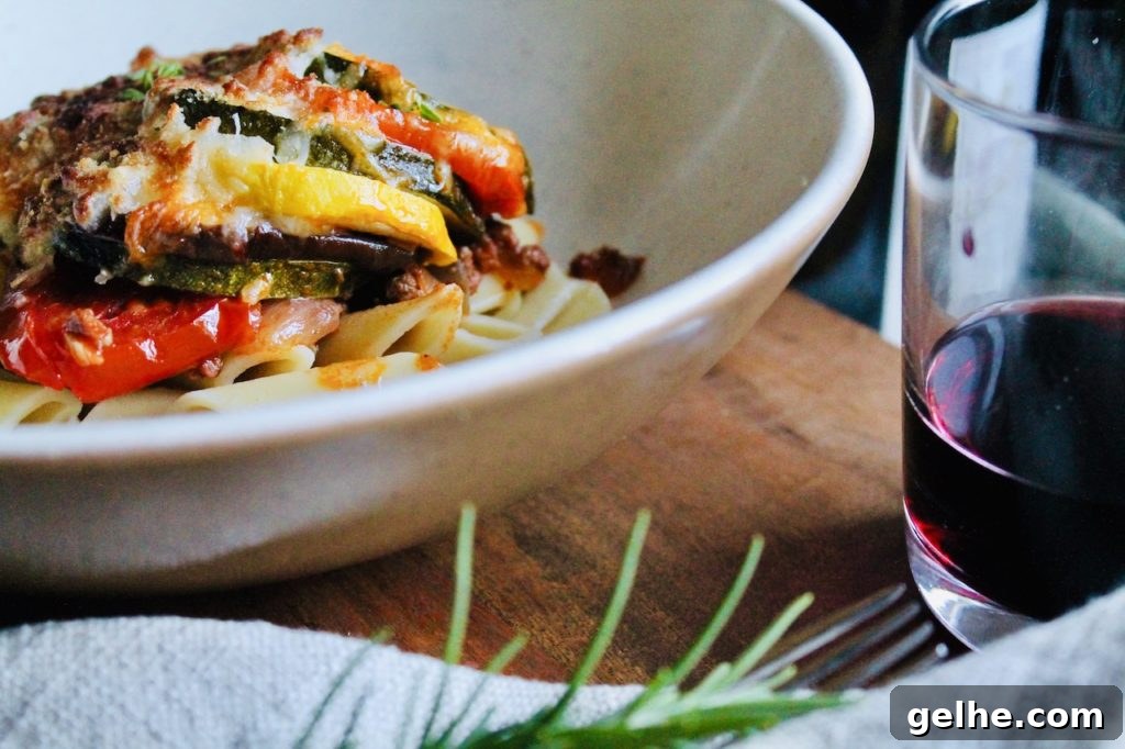 baked ratatouille serving with pasta