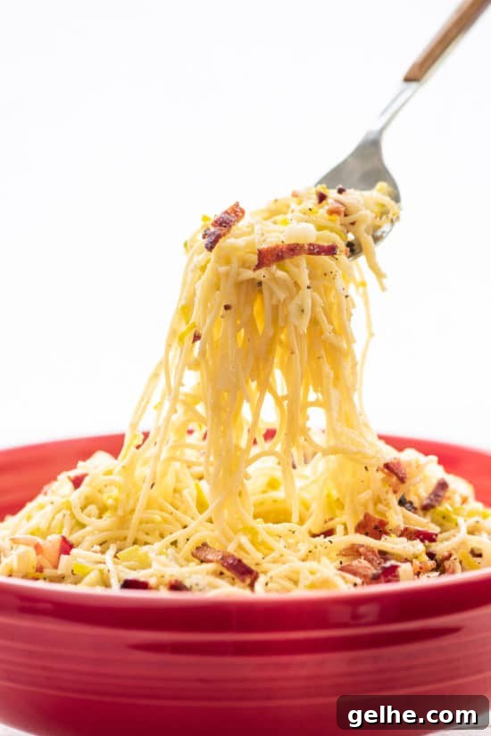 Pasta with Fennel, Bacon and Parmesan in red bowl