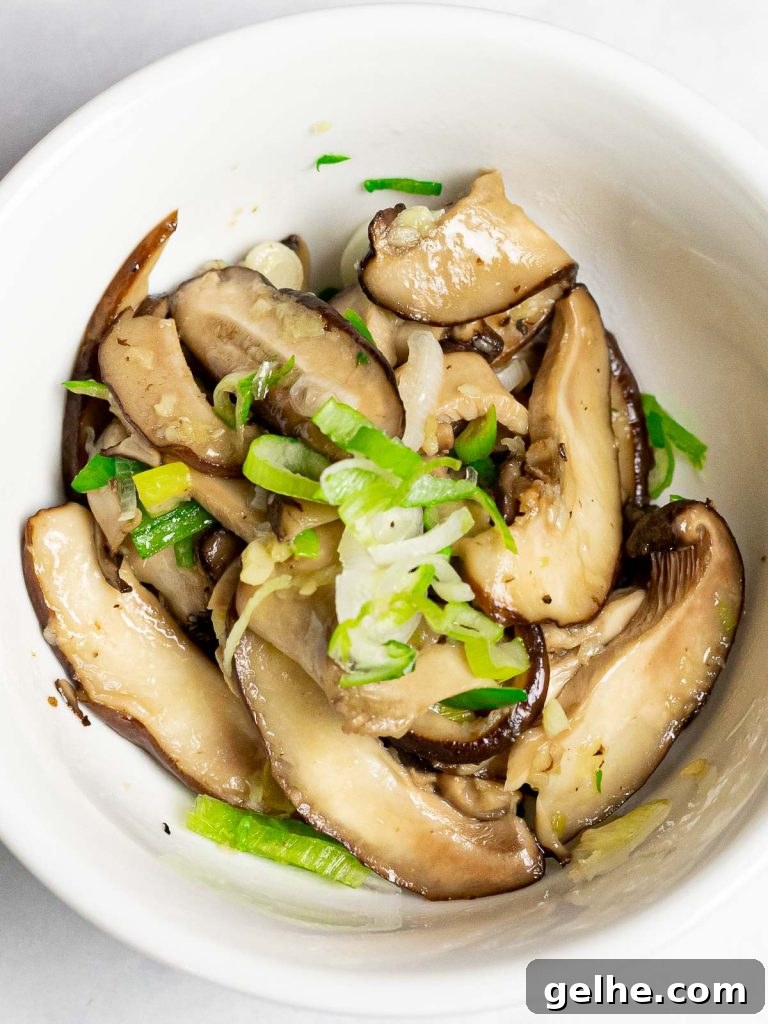 Korean shiitake mushroom side dish in a small white bowl