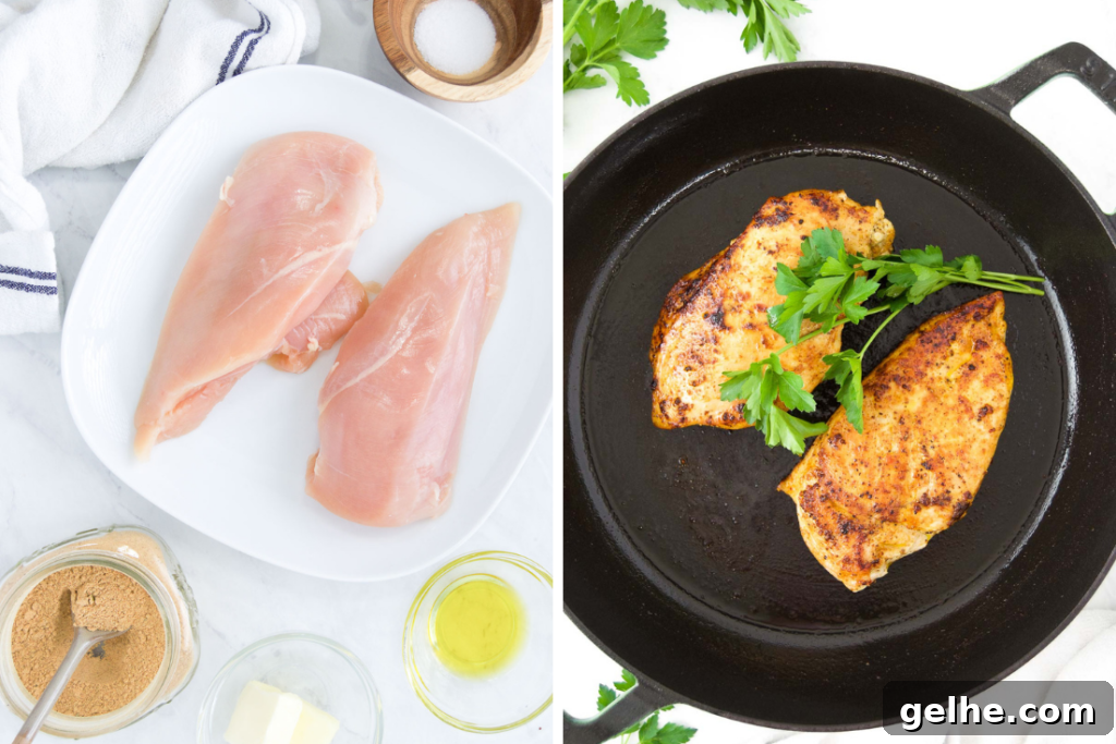 Perfectly Pan-Seared Chicken Breasts: Juicy, Crispy Results Every Time 3 Collage showing raw chicken breasts on a plate and the cooked chicken in a pan