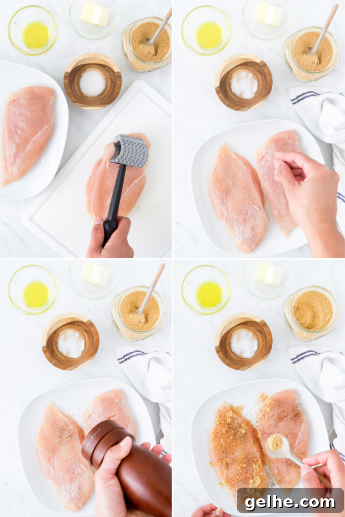 Perfectly Pan-Seared Chicken Breasts: Juicy, Crispy Results Every Time 4 Collage showing how to pound and season chicken breasts