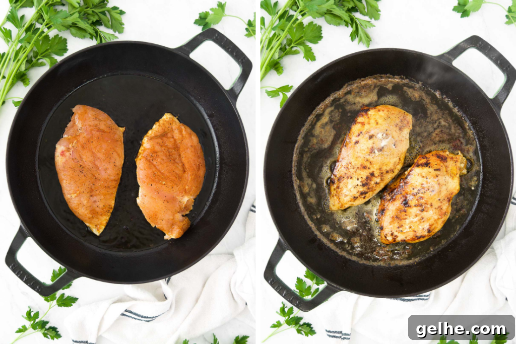 Perfectly Pan-Seared Chicken Breasts: Juicy, Crispy Results Every Time 5 A collage of two chicken breasts in a cast iron skillet before and after flipping