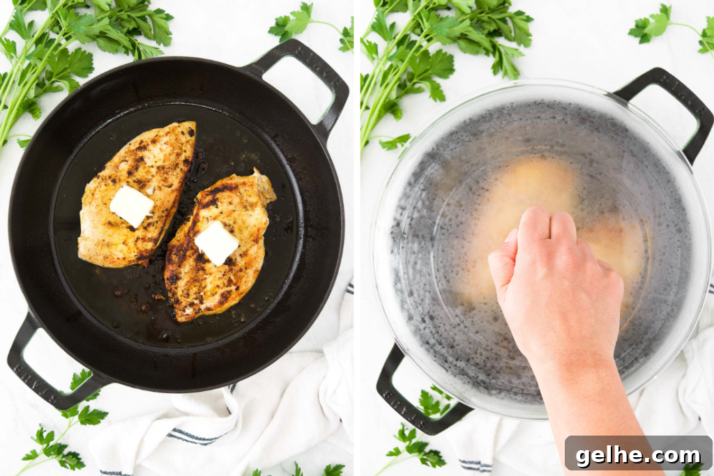 Perfectly Pan-Seared Chicken Breasts: Juicy, Crispy Results Every Time 6 Collage showing chicken breasts with butter in a pan and the pan with a lid on