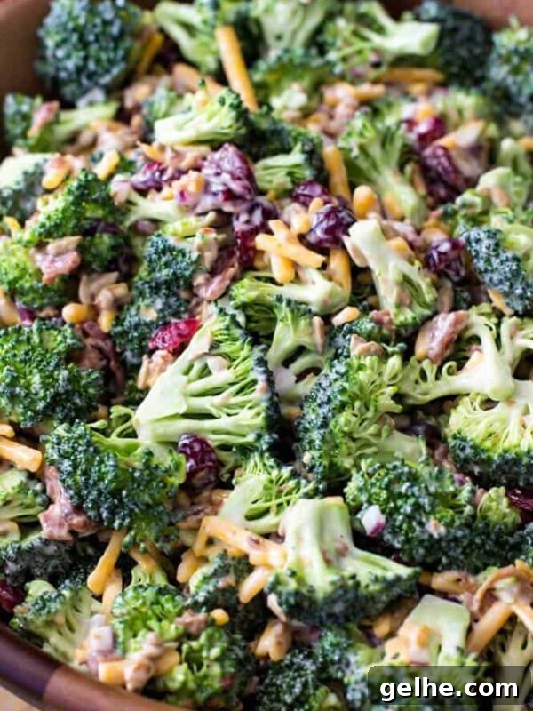 broccoli salad in wood bowl