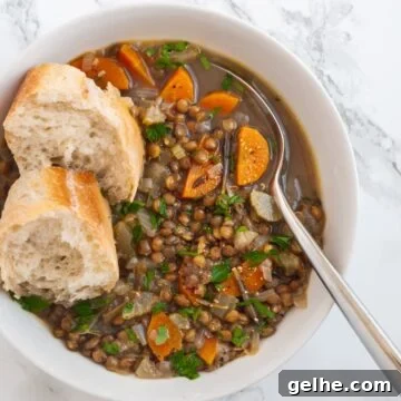 a bowl of french lentil soup with two slices of crusty bread in it.