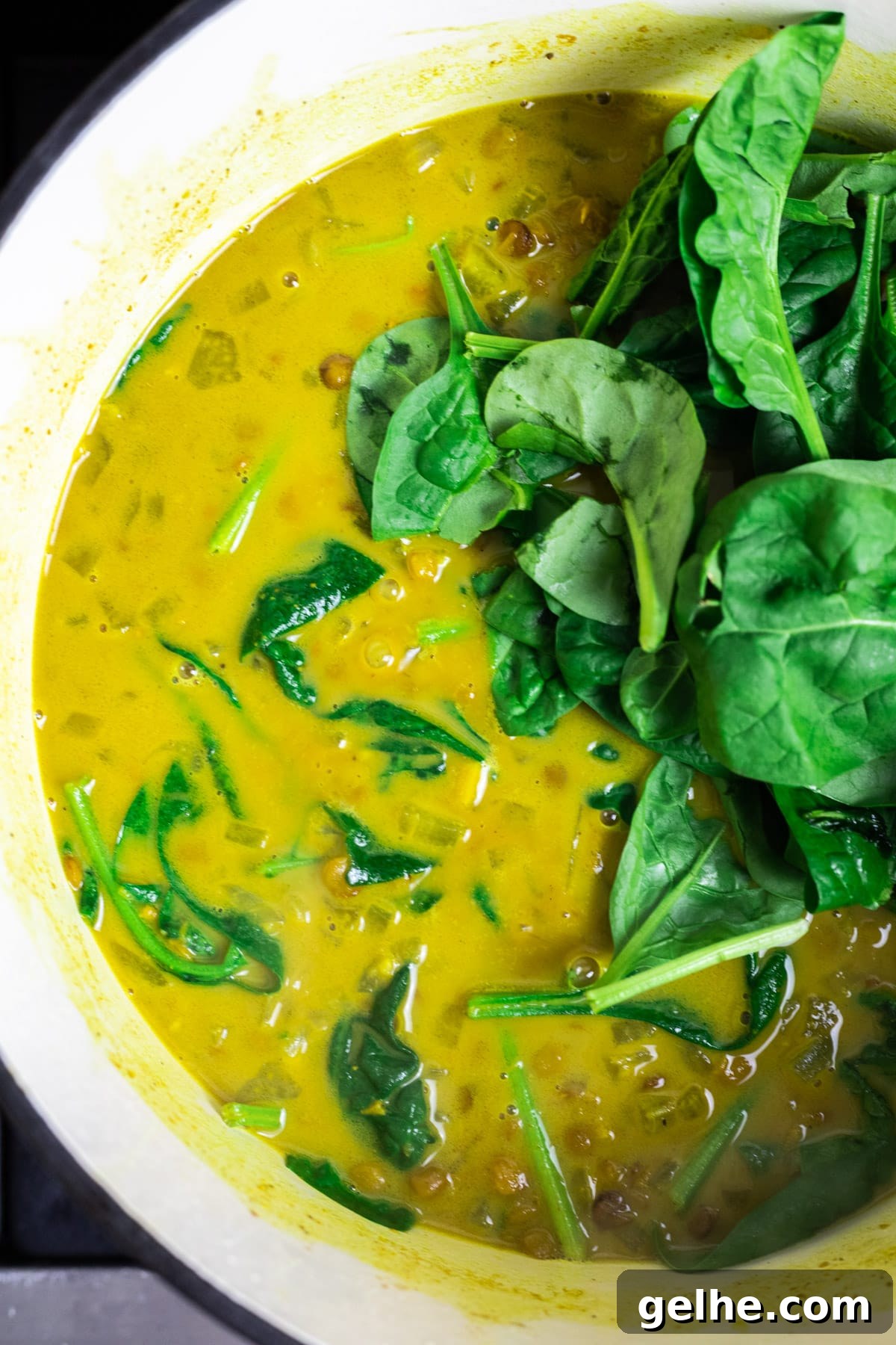 Adding fresh baby spinach to curried lentil soup.