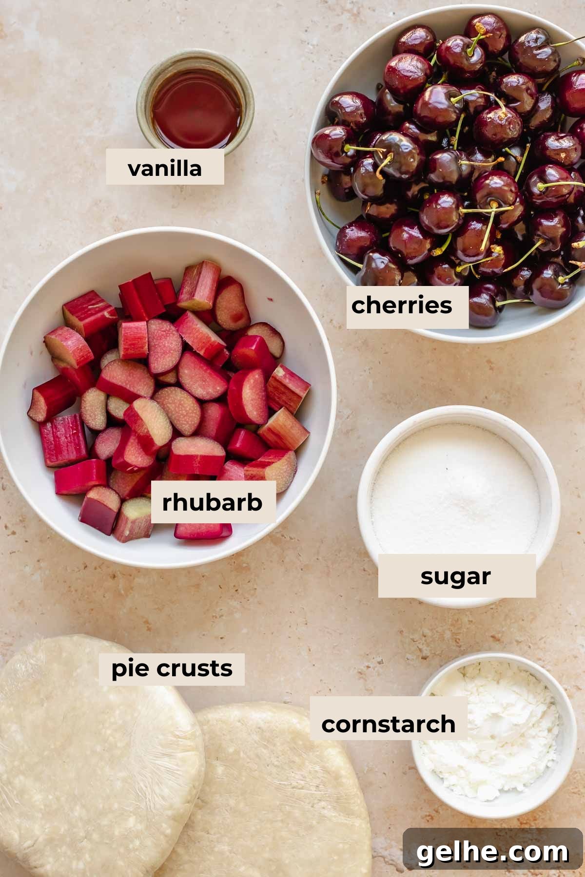 Cherry Rhubarb Pie Recipe: Sweet-Tart Homemade Dessert 3 Ingredients for cherry rhubarb pie.