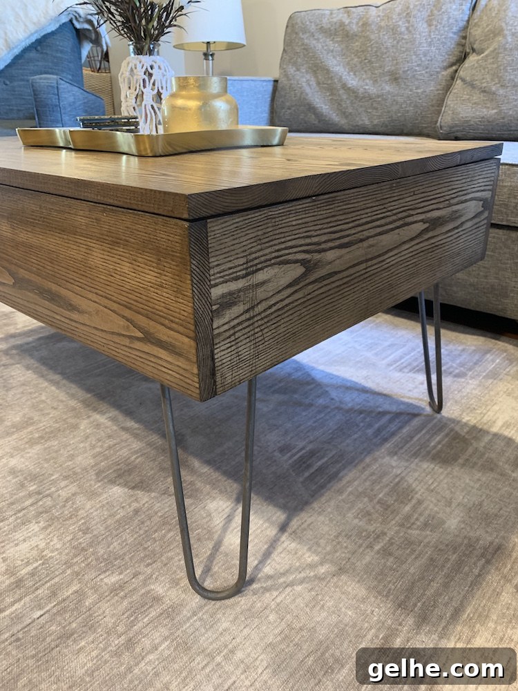close-up of DIY lift top coffee table in living room