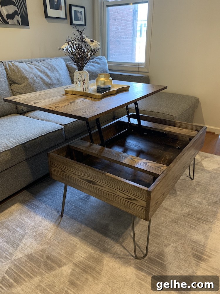 photo of DIY lift top coffee table opening up in living room