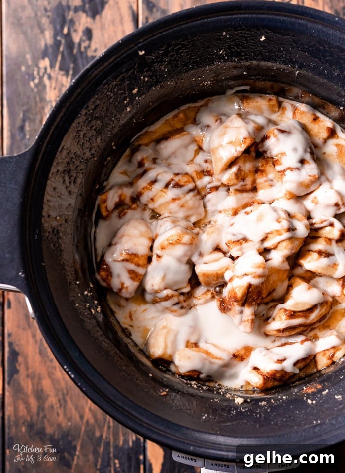 Overhead view of Cinnamon Roll Breakfast Casserole inside the slow cooker.