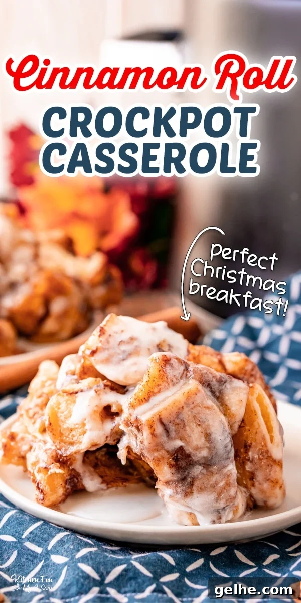 Pinterest title image for Crock Pot Cinnamon Roll Casserole