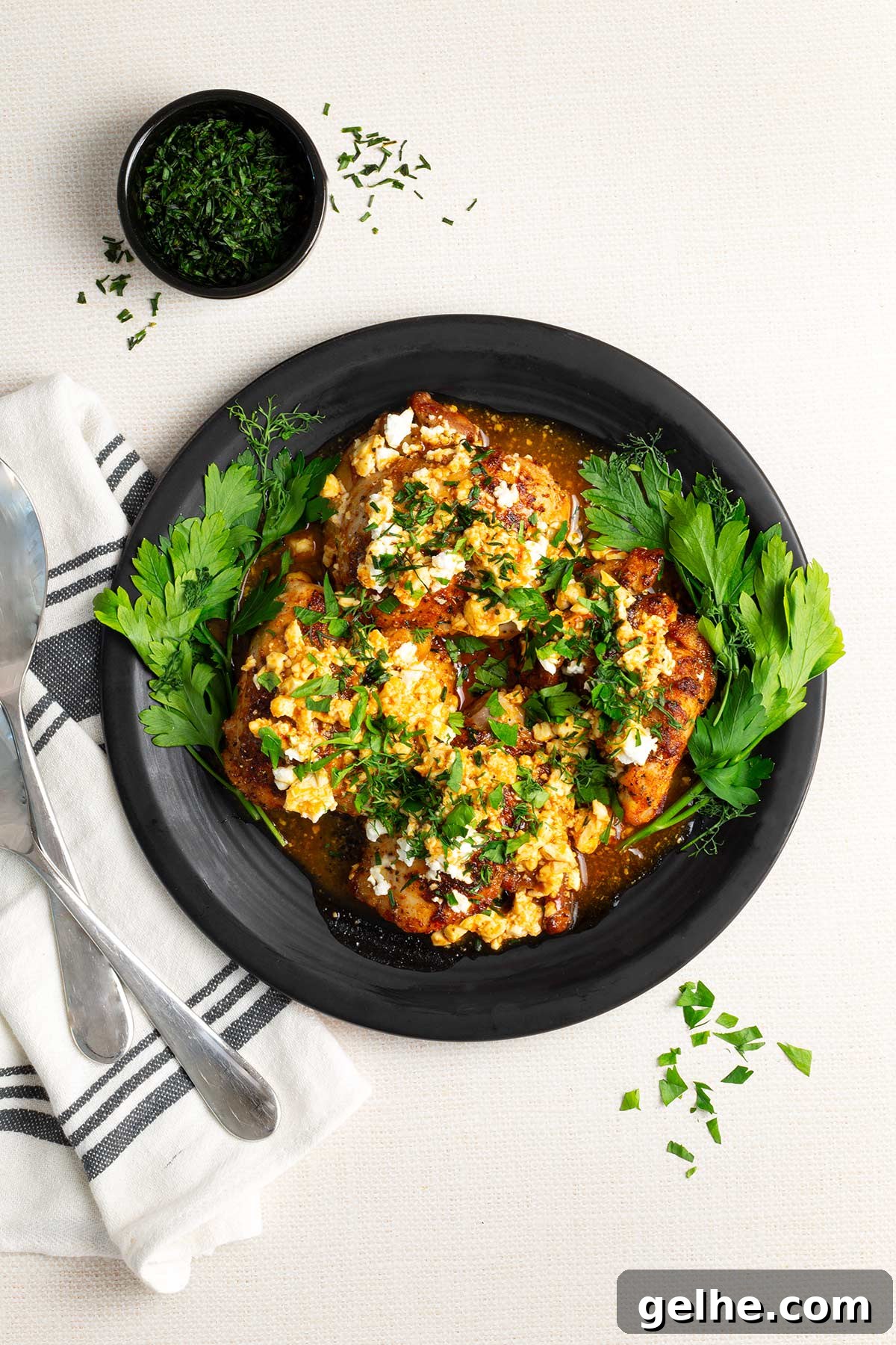 Plated hot honey feta chicken