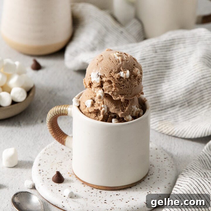 a whiter ceramic mug with a brown handle sitting on a speckled brown and white coaster, holding scooops of homemade hot chocolate ice cream. Marshmallows, chocolate chips and a small spoon are on the counter.