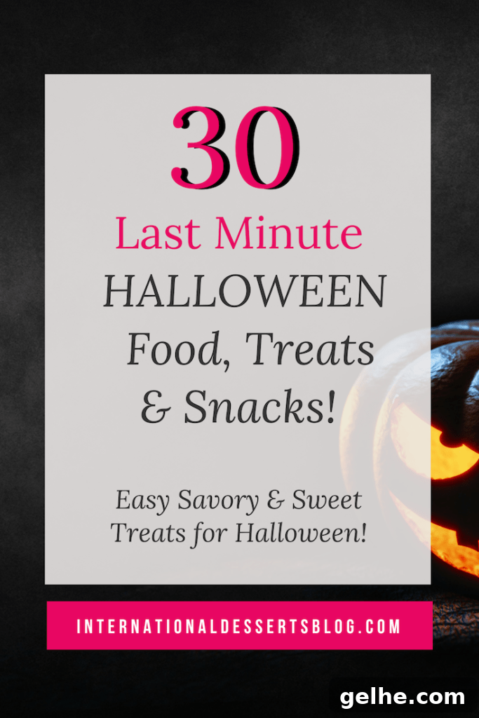 Looking for last minute Halloween food ideas? Here are 30 quick and easy, cute and scary ideas for snacks, treats, drinks, and desserts that both kids and adults will love. #halloween #halloweenfood #intldessertsblog