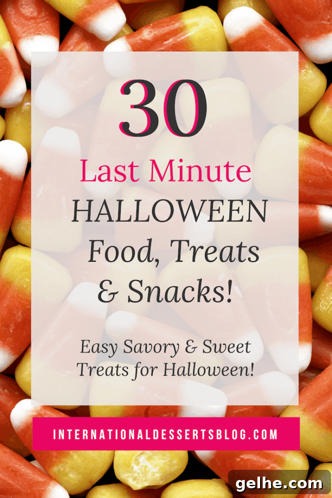 Looking for last minute Halloween food ideas? Here are 30 quick and easy, cute and scary ideas for snacks, treats, drinks, and desserts that both kids and adults will love. #halloween #halloweenfood #intldessertsblog