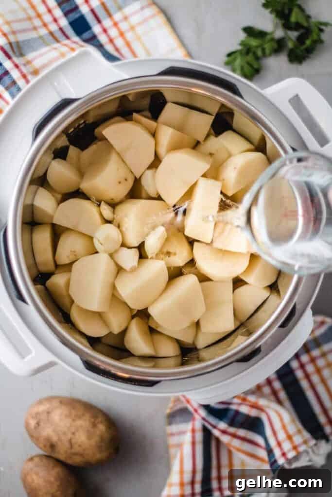 Instant Pot Mashed Potatoes in 20 Minutes 3 Pouring water over diced potatoes in the instant pot.