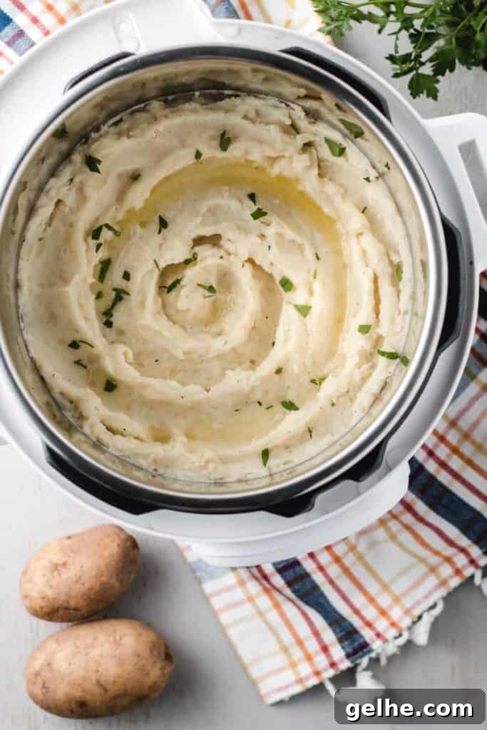 Instant Pot Mashed Potatoes in 20 Minutes 5 Mashed potatoes swirled in a white instant pot with melted butter and parsley sprinkled on top.