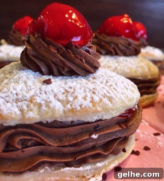 Close up of Chocolate Cherry Valentine Napoleons 