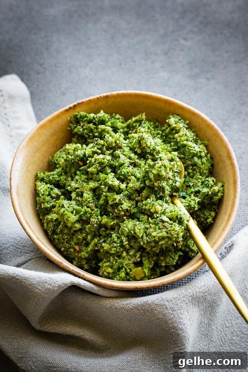 Broccolini and preserved lemon pesto in a bowl.