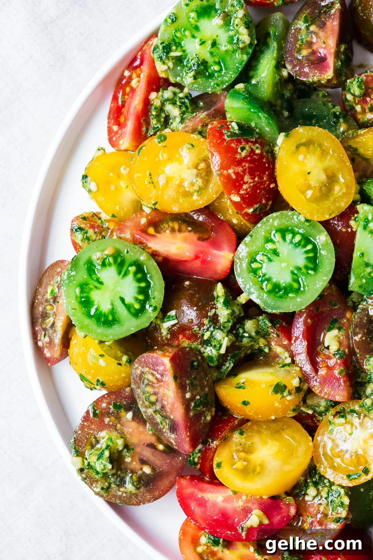 Heirloom tomato salad with homemade vegan basil pesto.