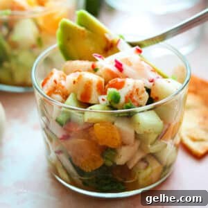 shrimp avocado salad in small clear bowl