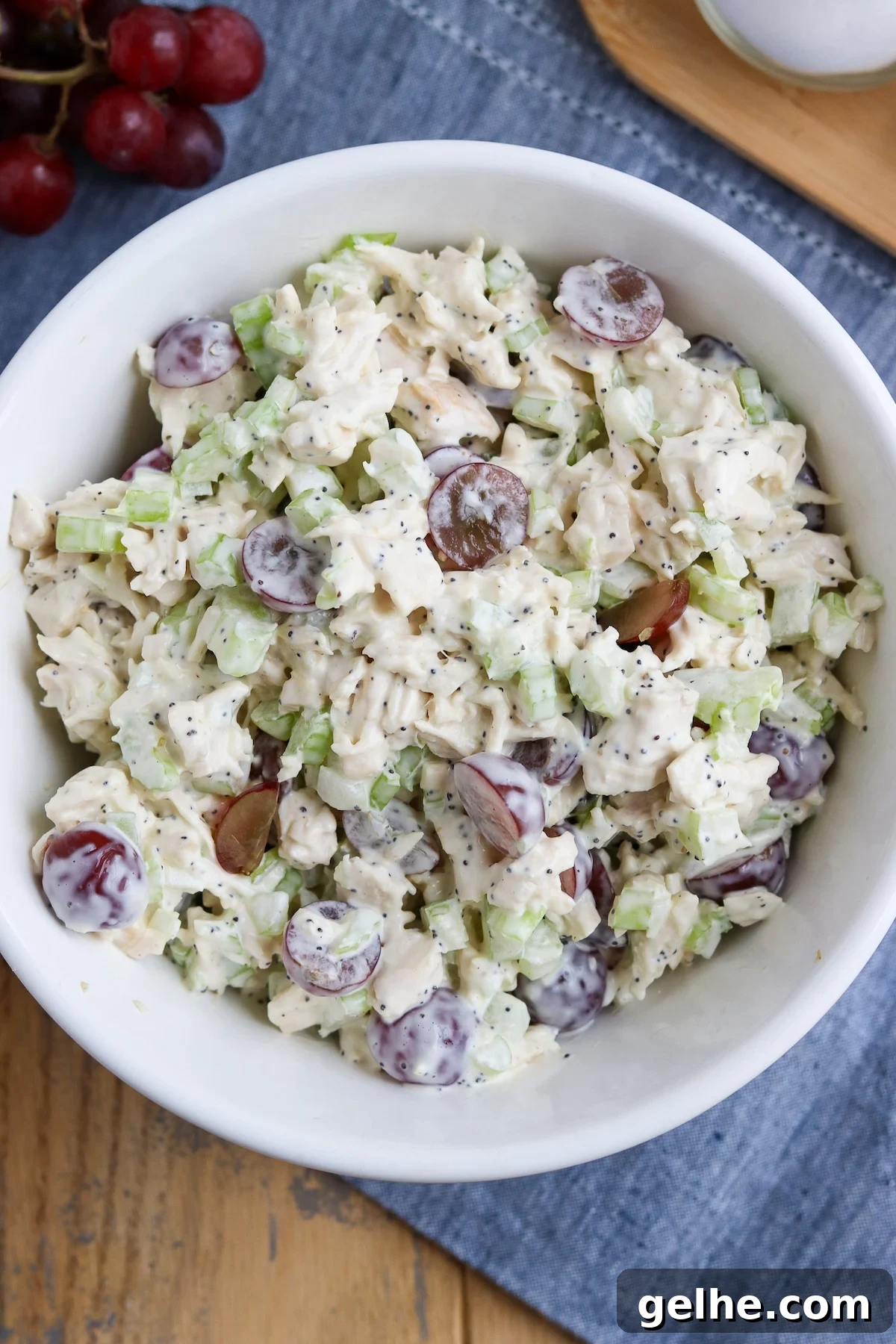 bowl of prepared chicken salad with poppyseed dressing