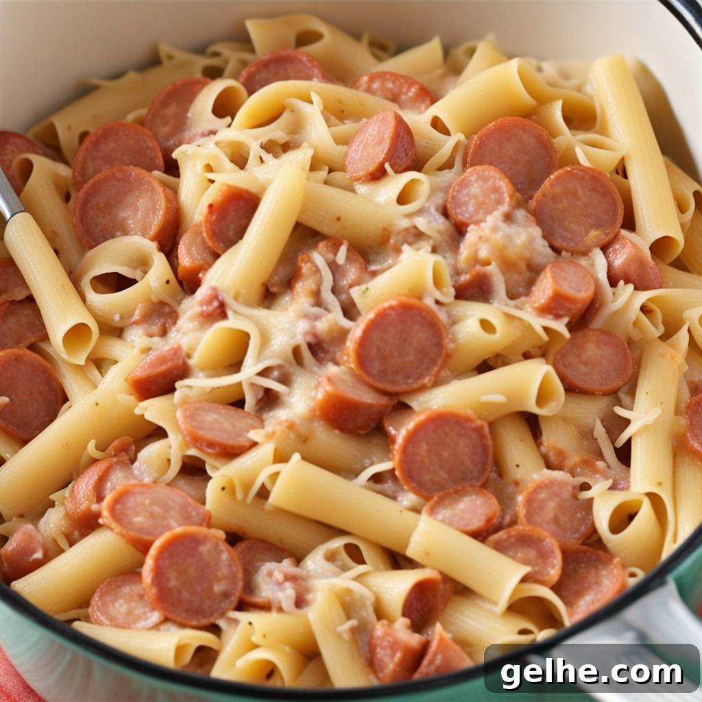 Close-up of gooey cheese melting over smoked sausage and pasta.