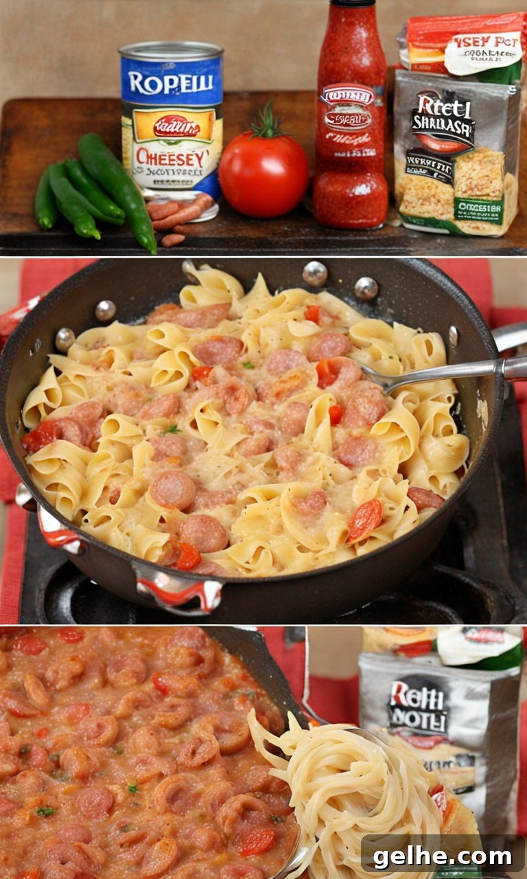 Bow tie pasta, smoked sausage, and cheese ingredients on a wooden countertop.