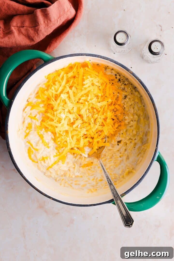 Creamy One-Pot Orzo with Cheese 7 Cheese and butter added to one-pot orzo mac and cheese in a large pot