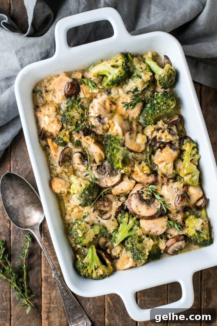 Chicken broccoli casserole in baking dish.