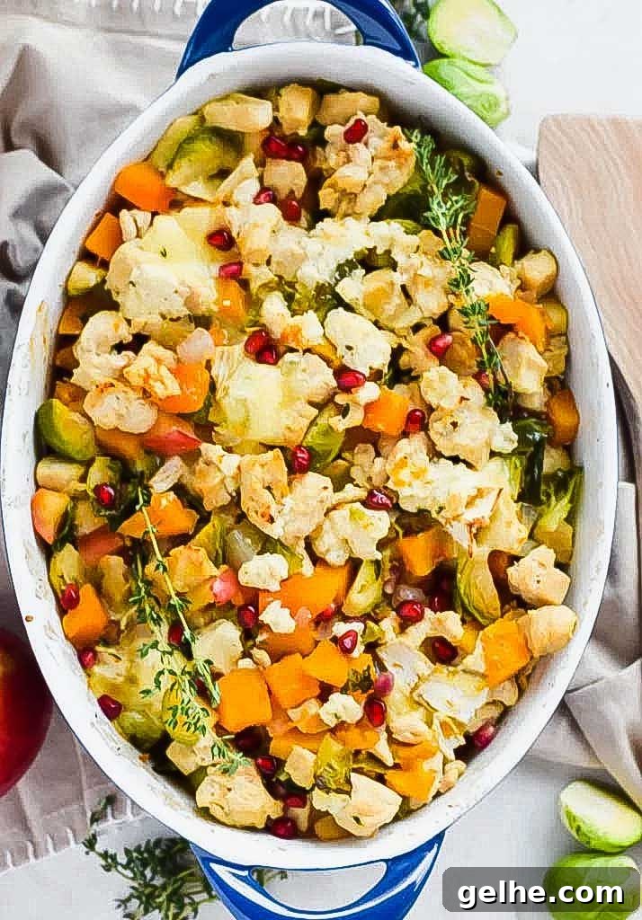Harvest chicken casserole in blue and white baking dish.