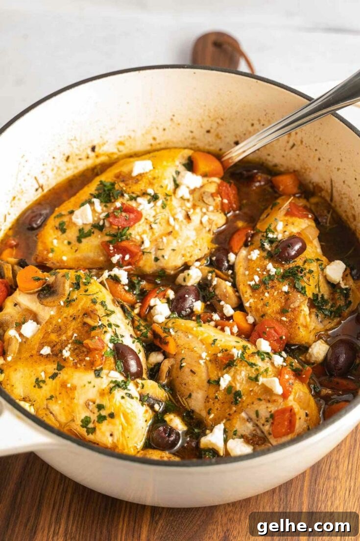 Dutch oven Mediterranean chicken with tomatoes and feta.