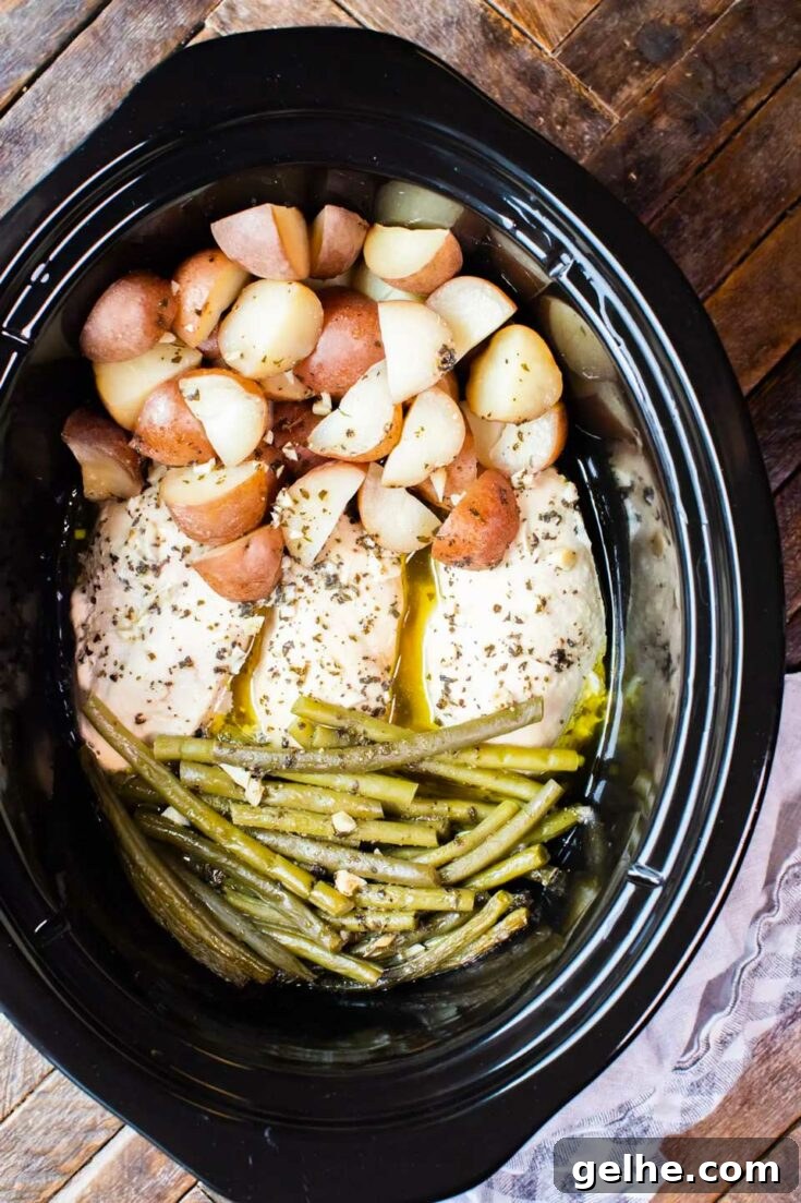 Slow cooker chicken, green beans and potatoes inside slow cooker.