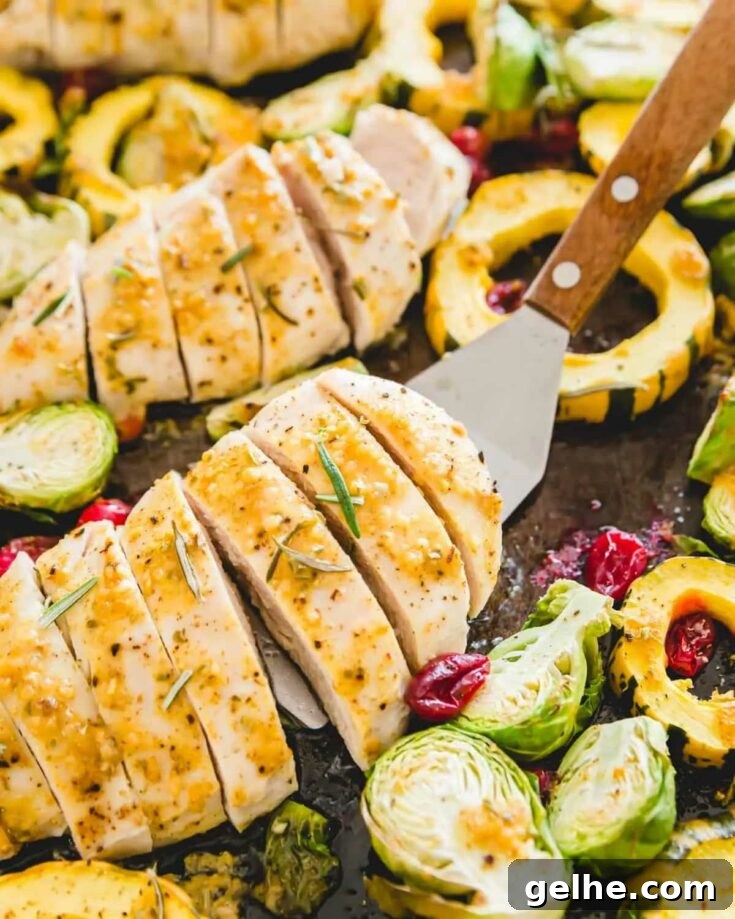 Closeup of spatula lifting sliced chicken breast off sheet pan amid Thanksgiving veggies.
