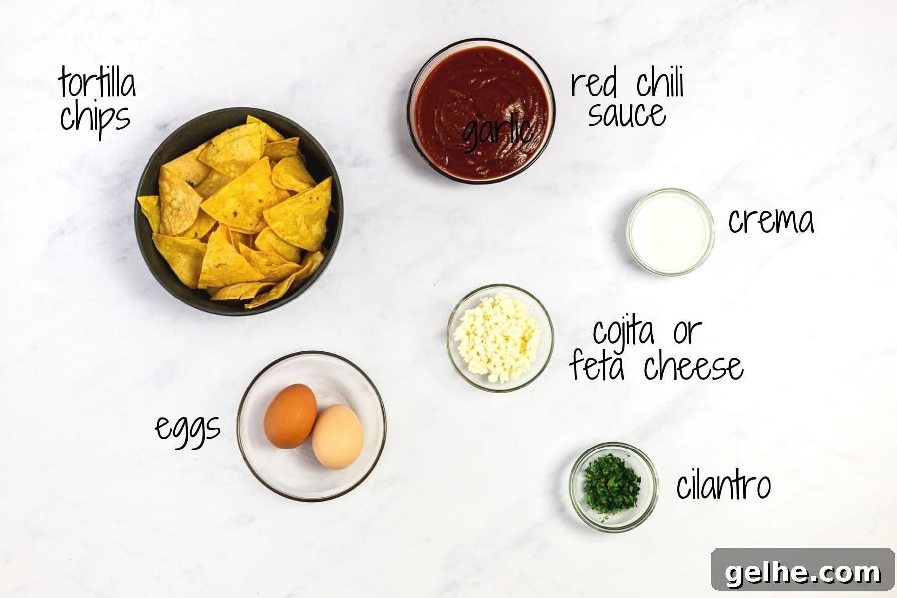 Ingredients for red chilaquiles with text labels.